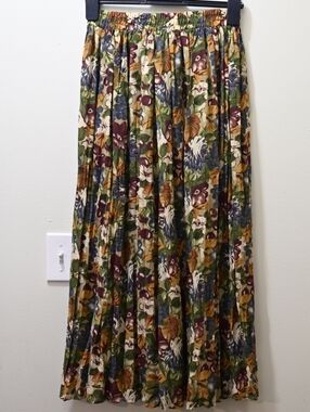 Vintage Sheer Floral Fruit Pleated Maxi Skirt Multicolor Cherry Grapes Stretch S